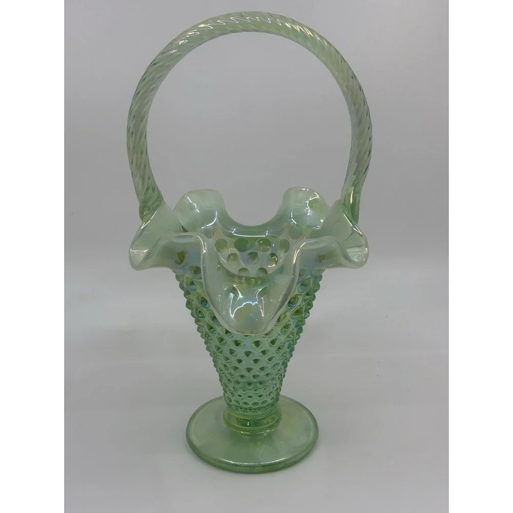 Vintage FENTON Sea Mist Green Opalescent Hobnail  Basket  w/ Twisted Handle